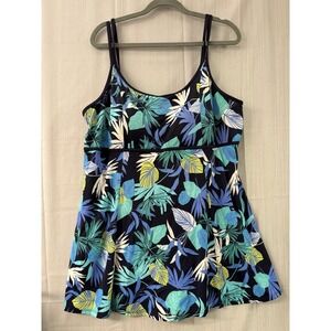 Tropical One Piece Skirt Swimsuit Womens‎ 2XL Blue Floral Print Top